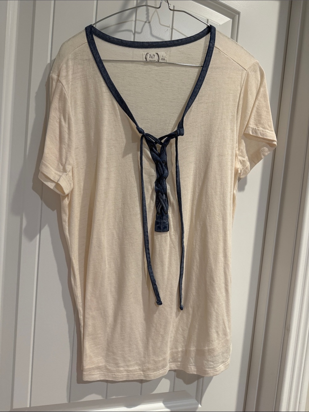 Maurices Cream Short Sleeve Top with Navy Tie Detail